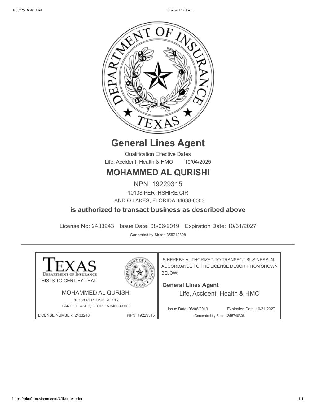 Texas health insurance license