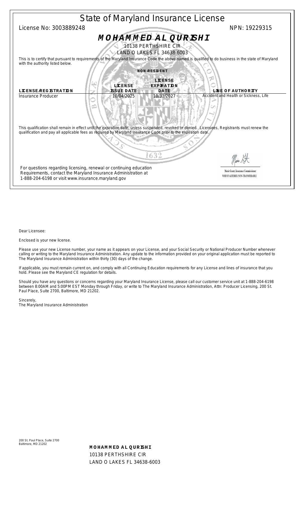 Maryland health insurance license