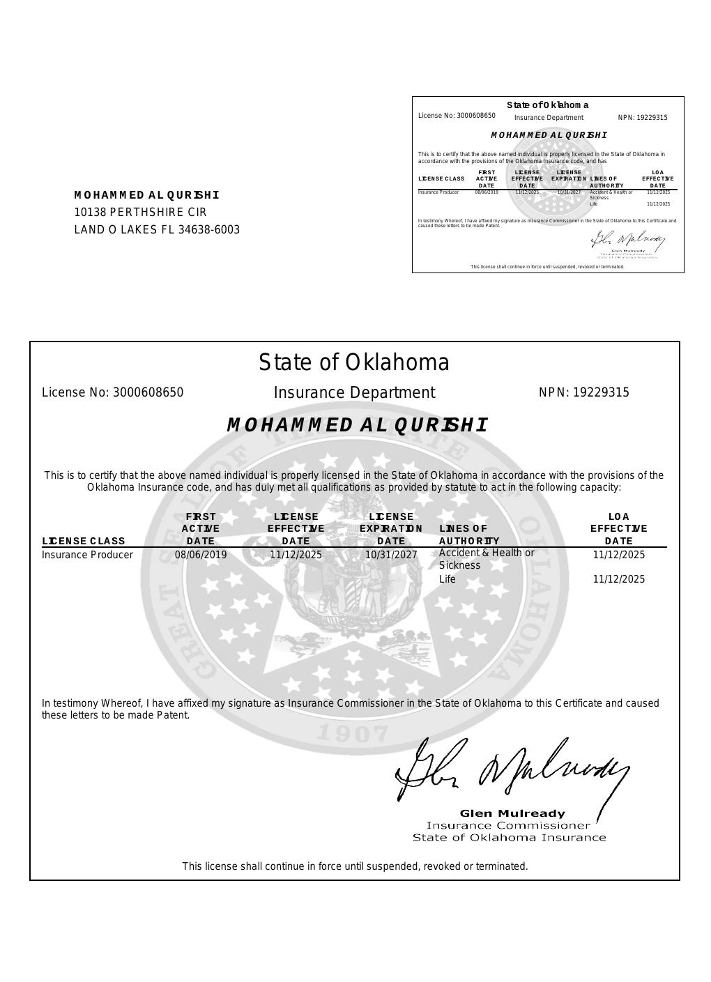Oklahoma health insurance license
