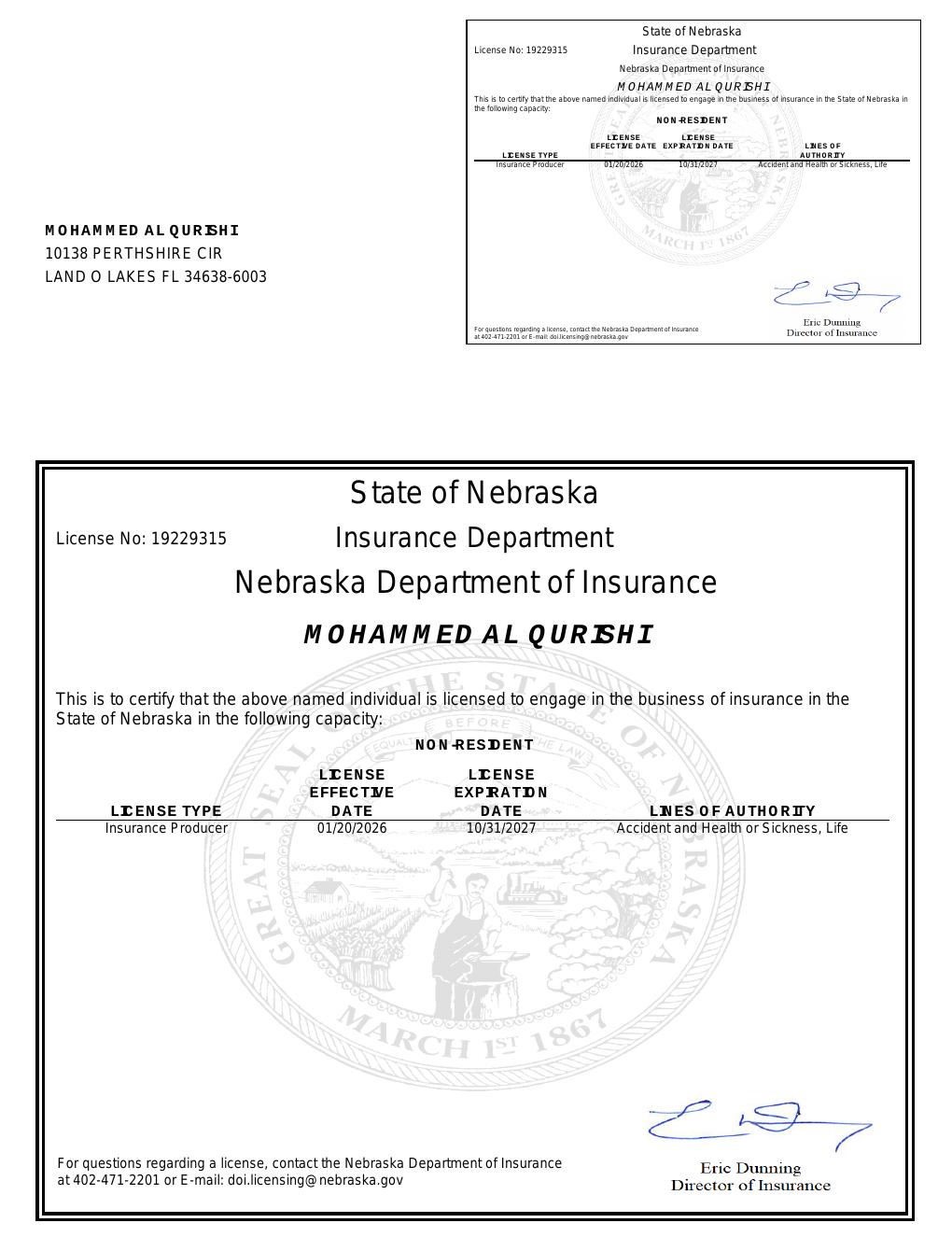 Nebraska health insurance license