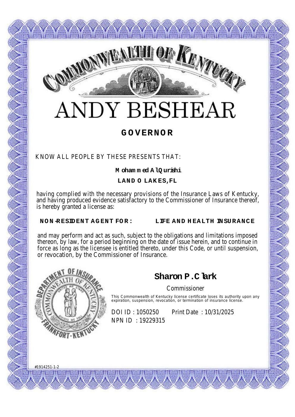 Kentucky health insurance license