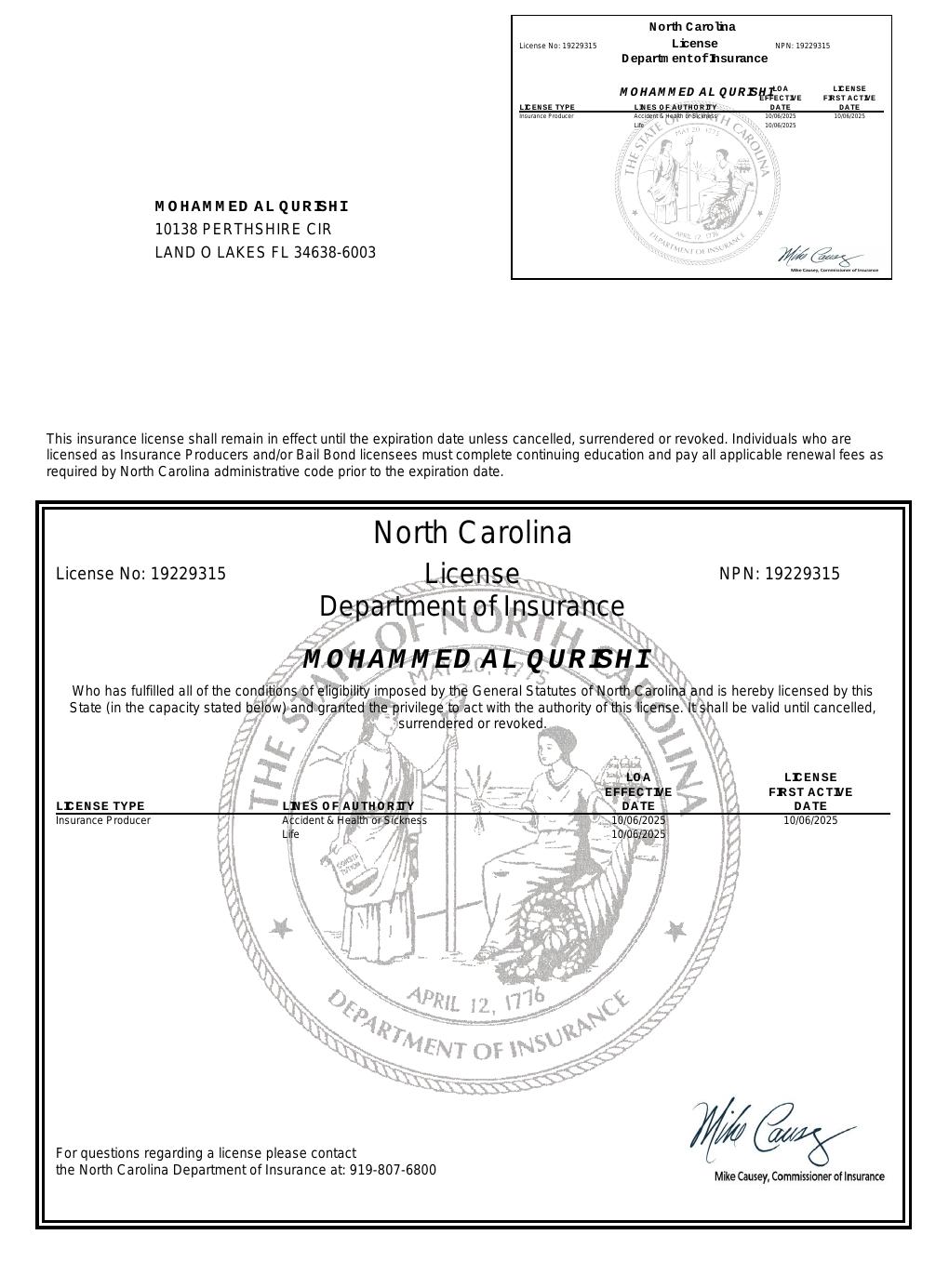 North Carolina health insurance license
