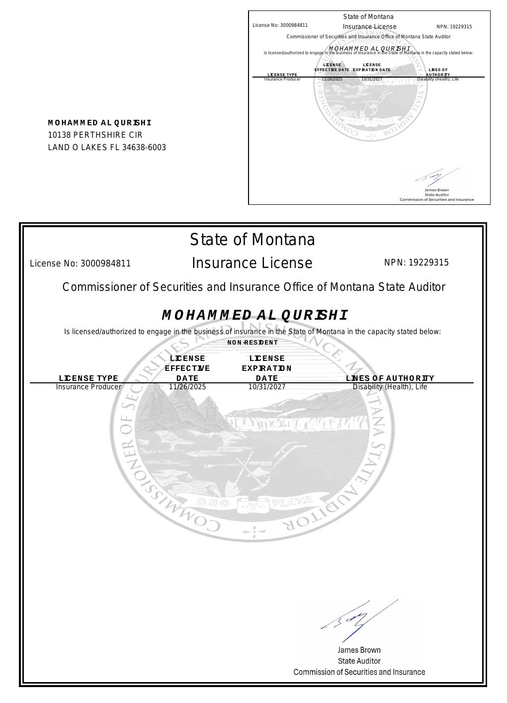 Montana health insurance license