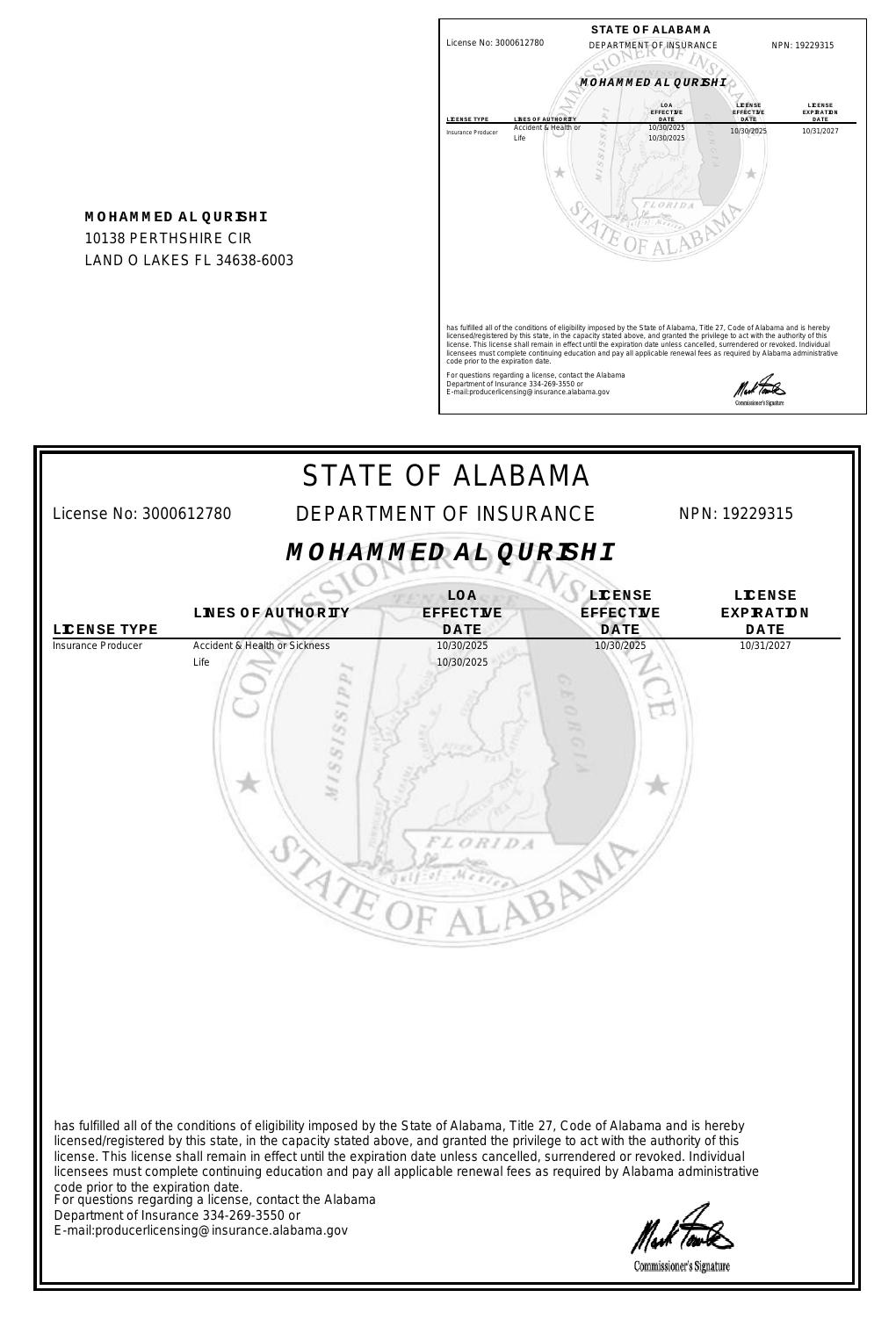 Alabama health insurance license