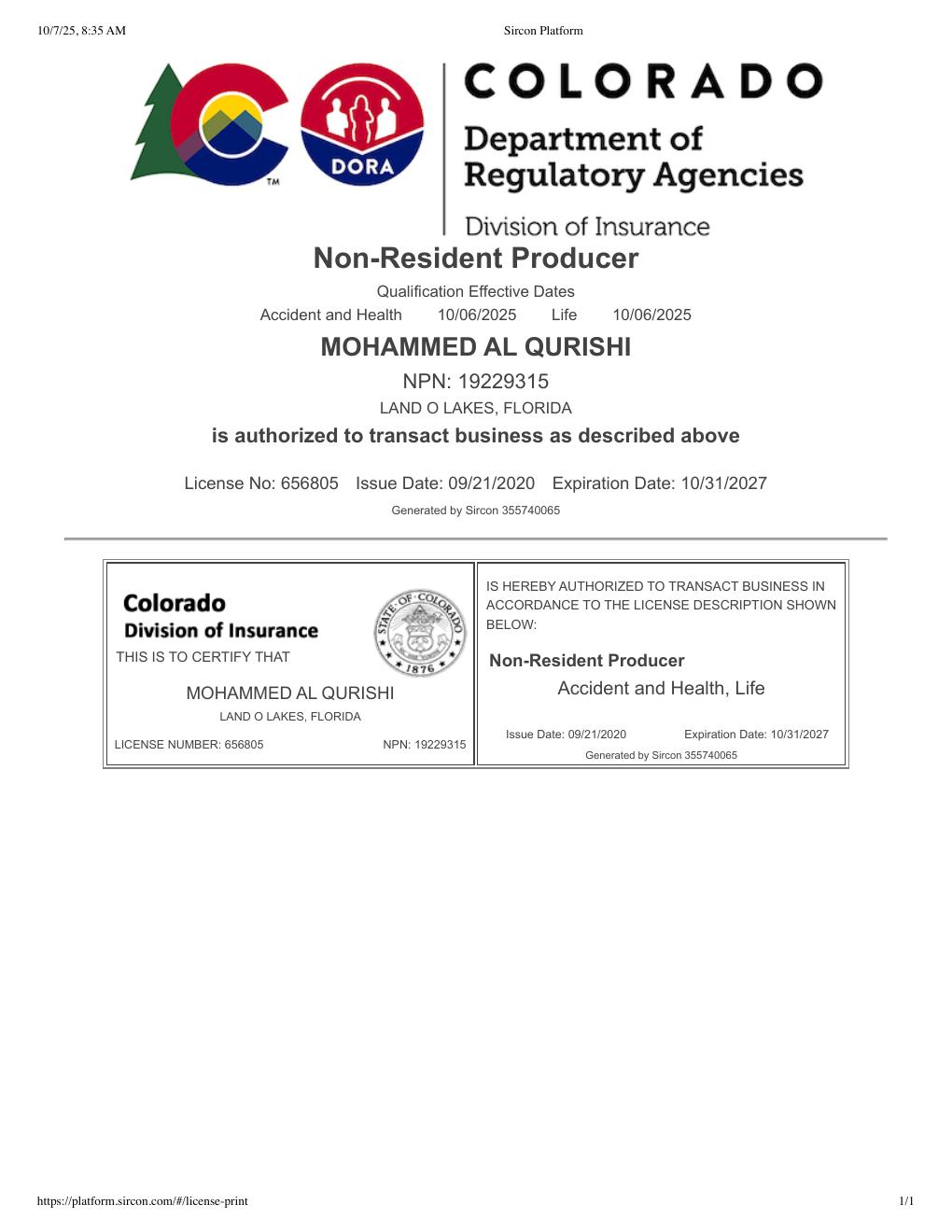 Colorado health insurance license