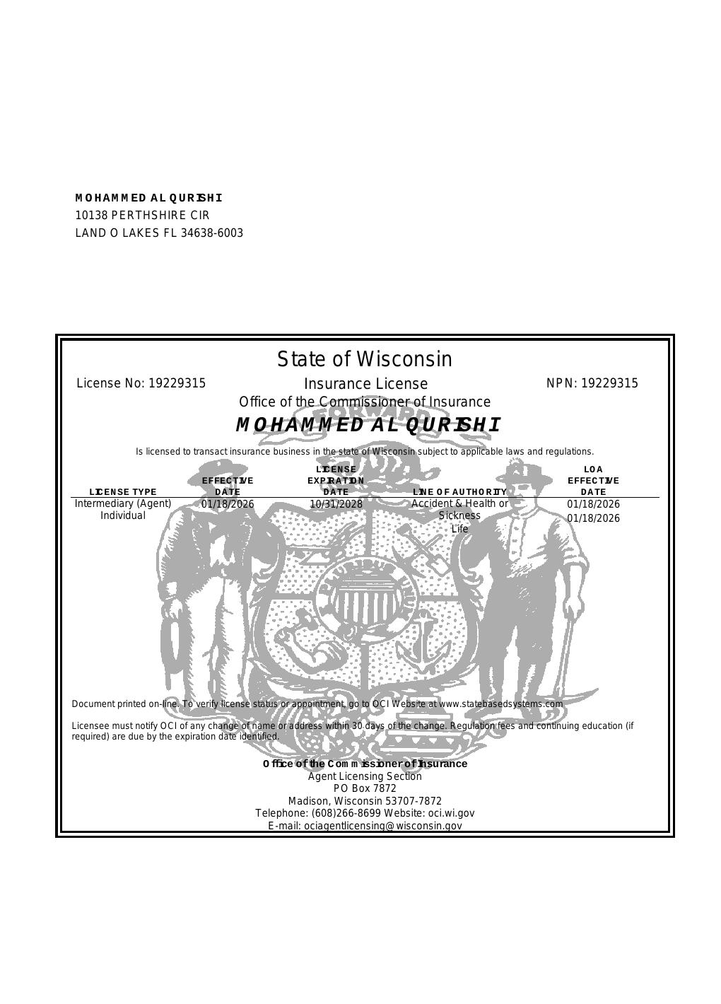 Wisconsin health insurance license