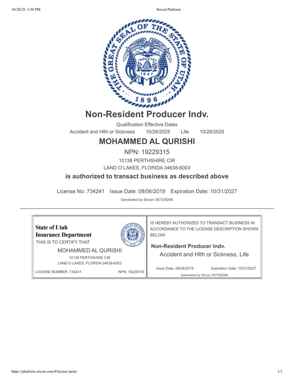 Utah health insurance license