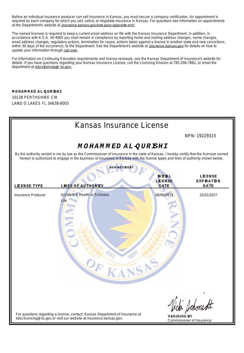 Kansas health insurance license