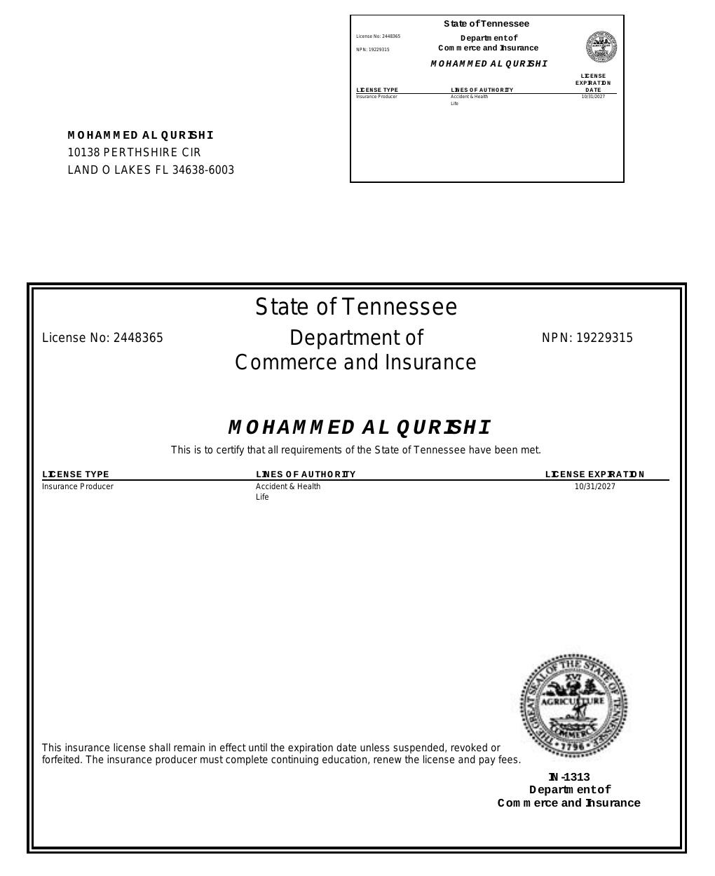 Tennessee health insurance license
